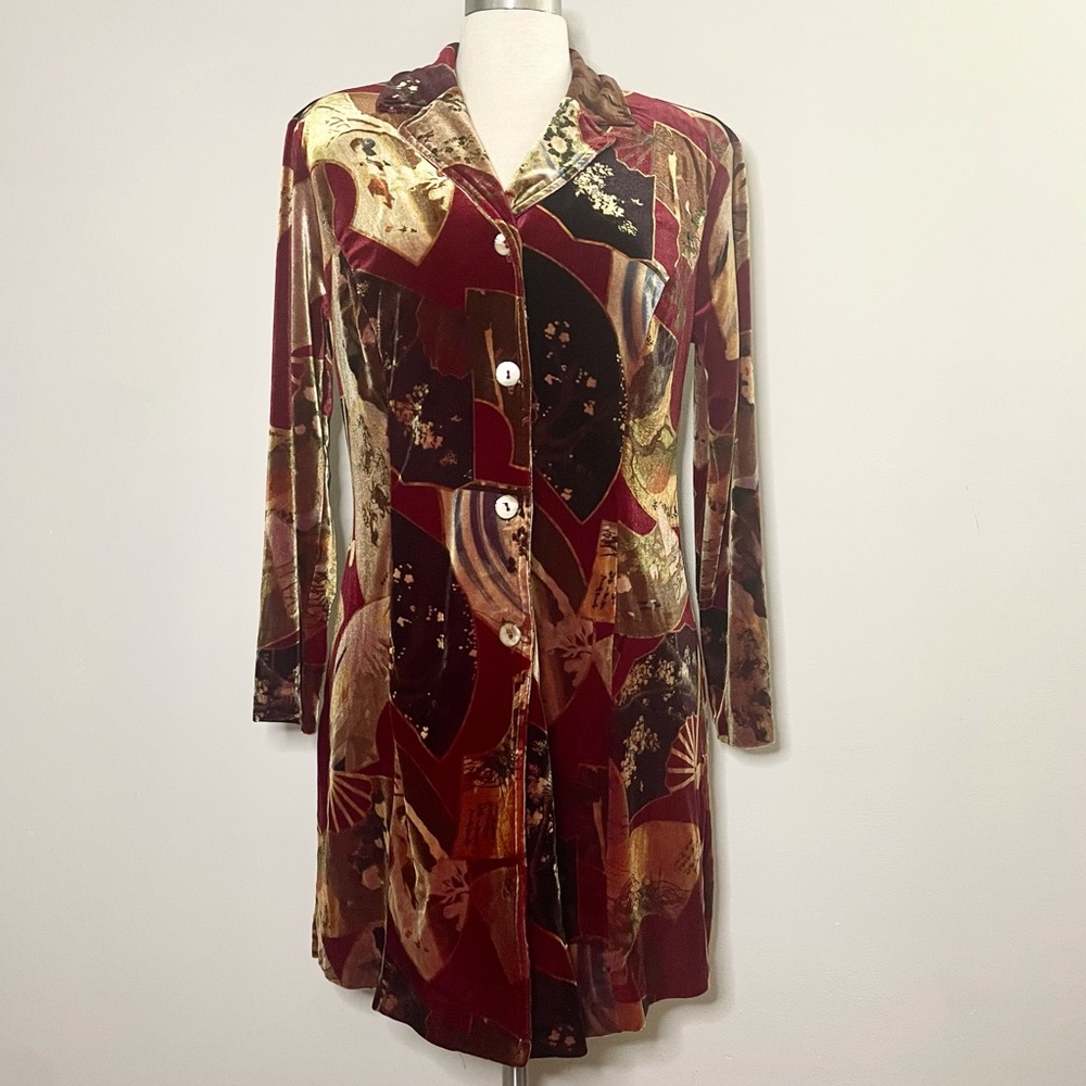 CLIO Petites Velvet Asian Fan Print Button Down Tunic Long Shirt Jacket Blazer